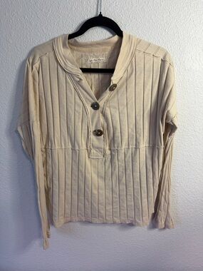 We The Free Neutral Ribbed Henley Top in Cream